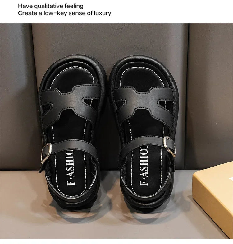 New Summer Girl Sandals Fashion Solid Color Children Causal Versatile Open-toe Beach Shoes Breathable Kids Thick Bottom Sandals