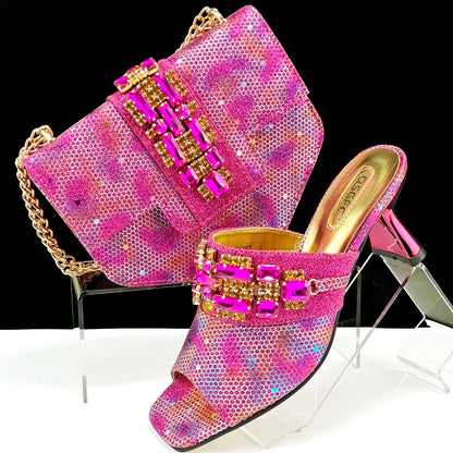 Mature Style Colorful Rhinestone Metal Design Strange High Heel Style Peep Toe Shoes and Bag Set for Party Wedding