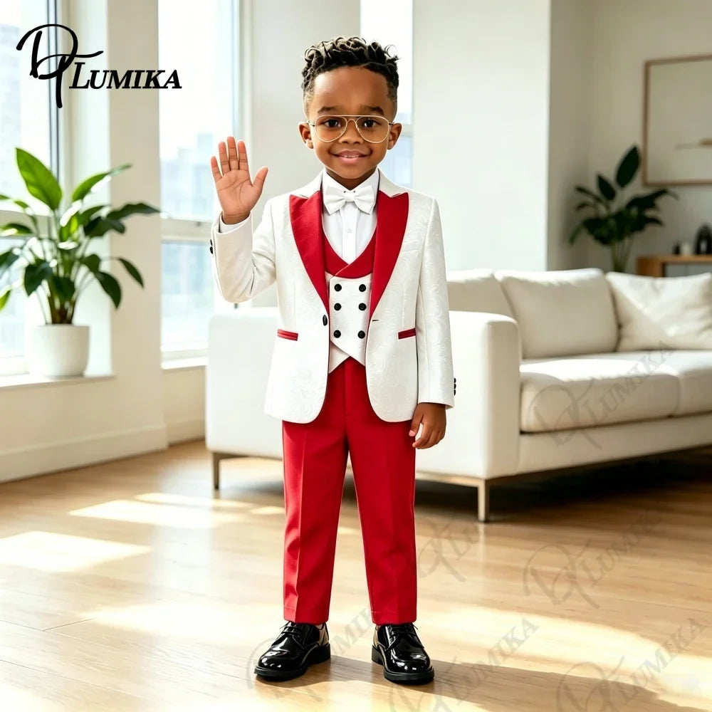 Boys’ 4-Piece Slim Fit Jacquard Suit Set in Red for Weddings