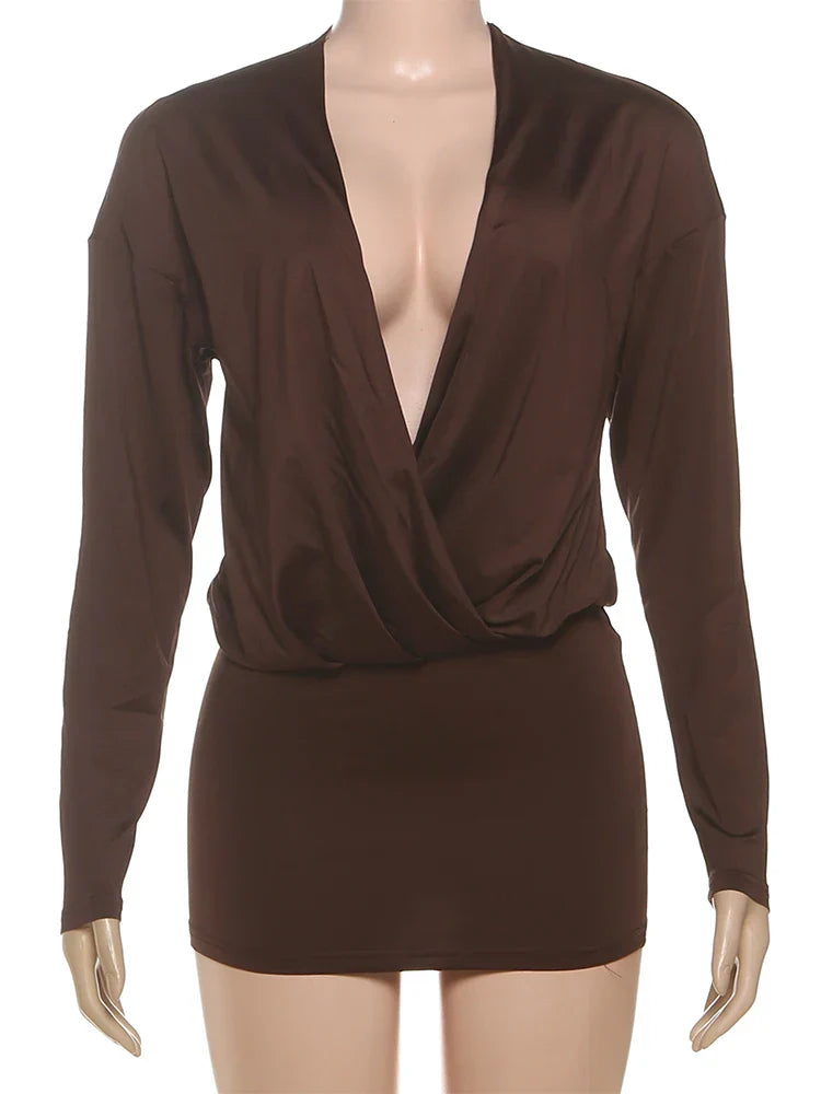 Cross Deep V-Neck Dress Women Full Sleeve Stretch Solid Midnight Street Clubwear Party Autumn Trend Elegant Mini Bodycon