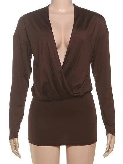Cross Deep V-Neck Dress Women Full Sleeve Stretch Solid Midnight Street Clubwear Party Autumn Trend Elegant Mini Bodycon