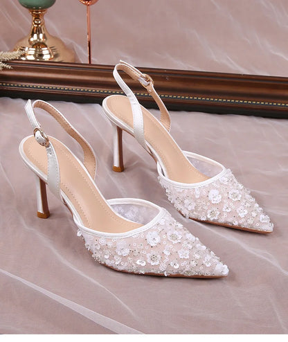 Size 34-42 2025 Summer Beaded High Heel Wedding Shoes Women Lace Mesh Party Dress Shoes