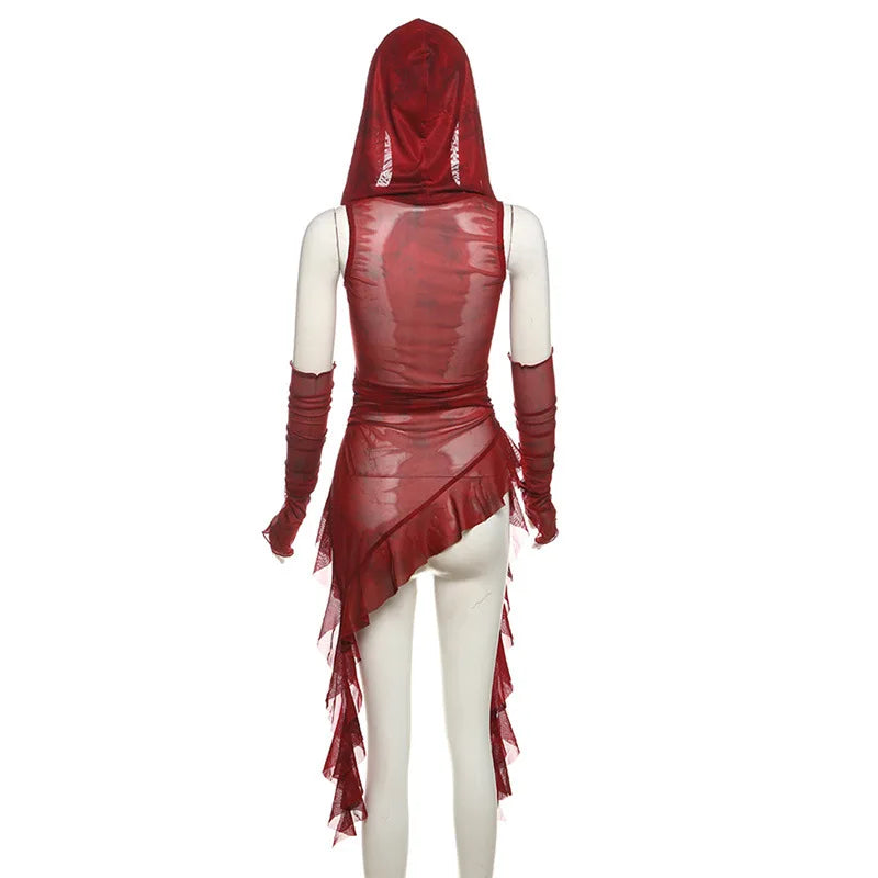 Streetwear 90s Grunge Mesh See Through Hooded Tops Cyber Y2K Irregular Hem Ruffles Hoodie Women Slim Blouse with Cuffs