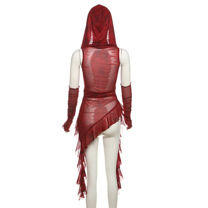 Streetwear 90s Grunge Mesh See Through Hooded Tops Cyber Y2K Irregular Hem Ruffles Hoodie Women Slim Blouse with Cuffs