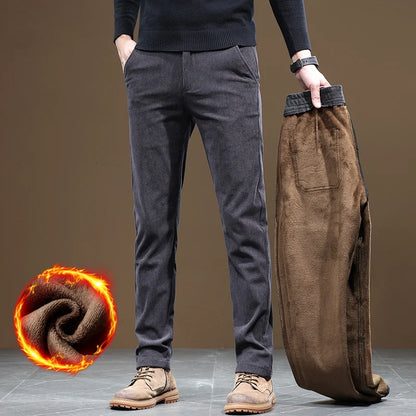 2025 New Winter Fleece Warm Corduroy Pants Men Business Fashion Slim Fit Stretch Thicken Gray Khaki Fluff Casual Trousers Male