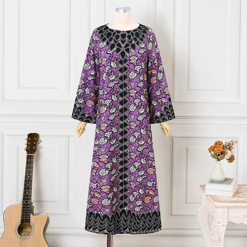Bohemian Party Dress Elegant Women Printing Sundress Vintage Flare Long Sleeve Maxi Vestidos Oversized O-Neck Robe Femme
