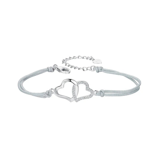 Personalized Heart to Heart Bracelet, 925 Sterling Silver Dainty Gray Rope Link Chain Bracelet for Women Teen Girls
