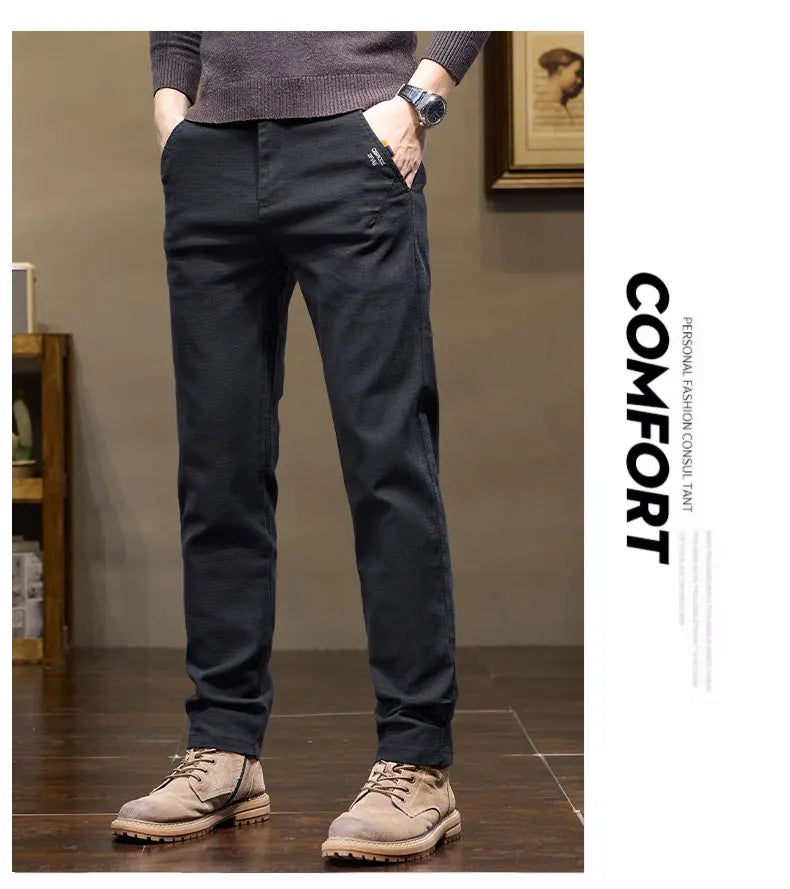Winter Thicken Men's Solid Slim Straight Casual Pants Business Classic Fleece Trousers Male Warm Plaid Elasticity Pants
