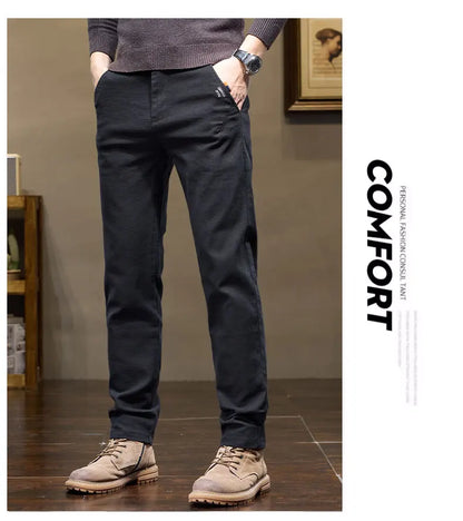 Winter Thicken Men's Solid Slim Straight Casual Pants Business Classic Fleece Trousers Male Warm Plaid Elasticity Pants