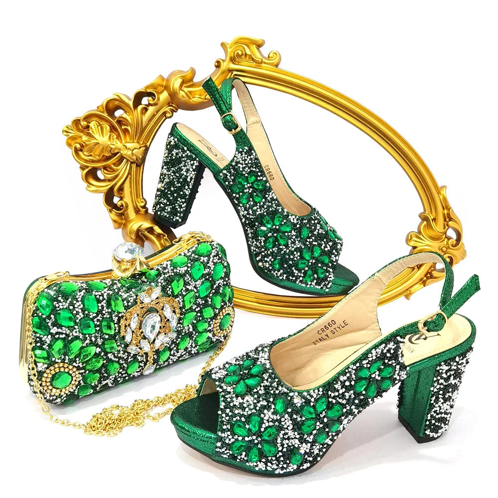 Luxury Fashion Ladies High Heel Slippers and Bags Set with Rhinestones for Wedding