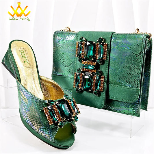 Shoes and Bag Set in Green Color High Quality Specials Design Slipper with Crystal for Wedding Dress