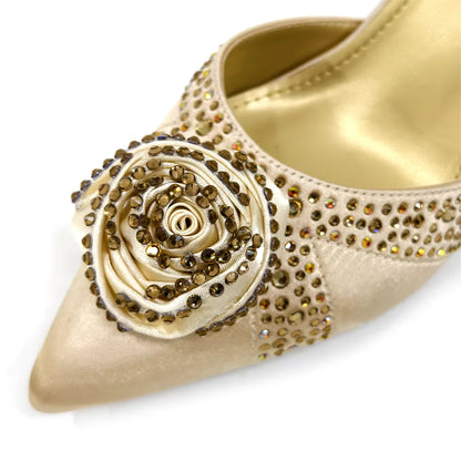 Sparkling Rhinestone Rose Pumps With Medium Heel for Nigerian Women's Party, Pointed Toe Shoes and Matching Bags