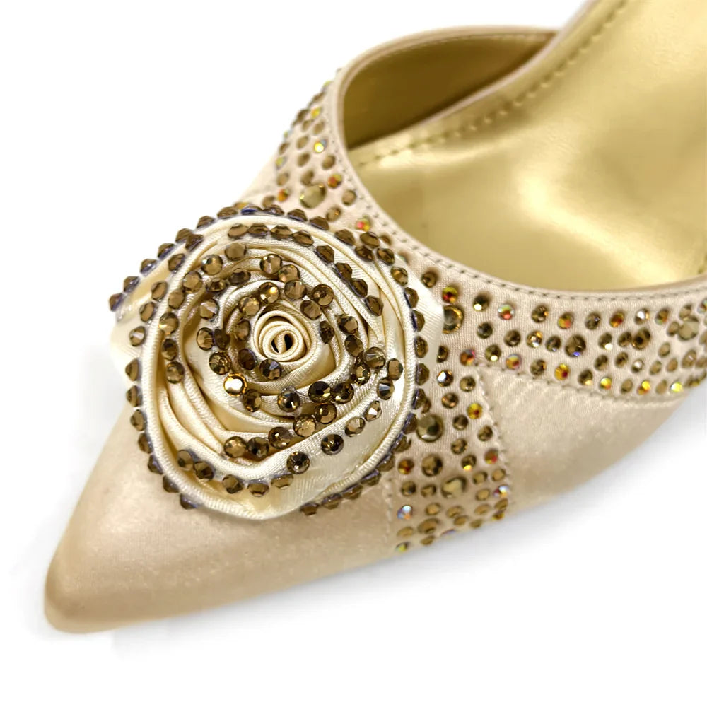Elegant Rhinestone-Embellished Brown Heeled Shoes and Handbag Set for Women with Floral Decoration – Perfect Small Size Fashion