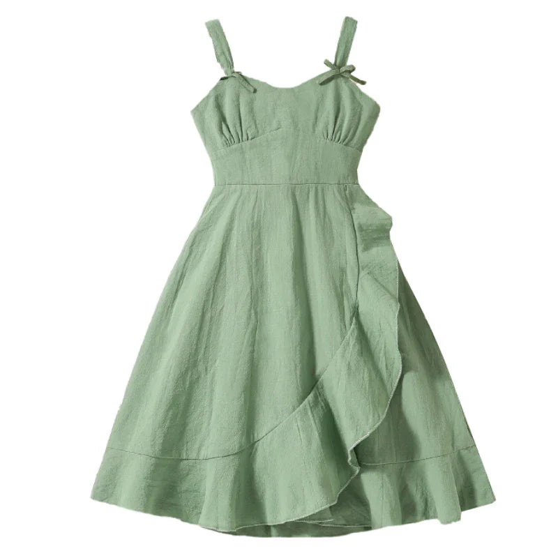 Summer Girl's Dress 8-12 Years Old Cute Bow-Embellished Slip Panel Uneven Hem Sweet Elegant Ladylike Fashion for Kids