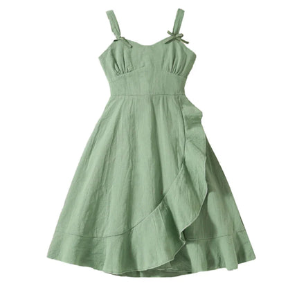 Summer Girl's Dress 8-12 Years Old Cute Bow-Embellished Slip Panel Uneven Hem Sweet Elegant Ladylike Fashion for Kids