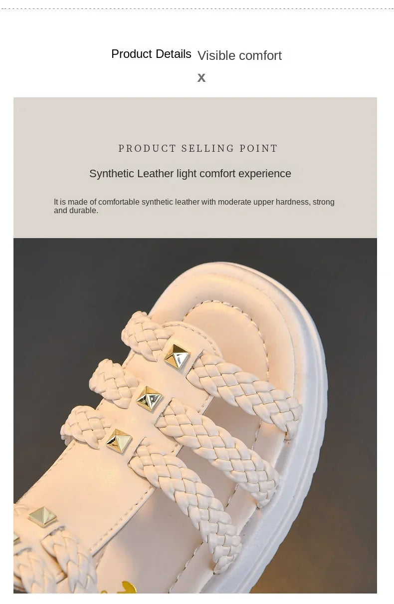 Girls Roman Sandals Open Toe Braided Solid Color High-top Simple Rivets New Summer Hollow Flat Casual Shoes Kids Fashion Casual