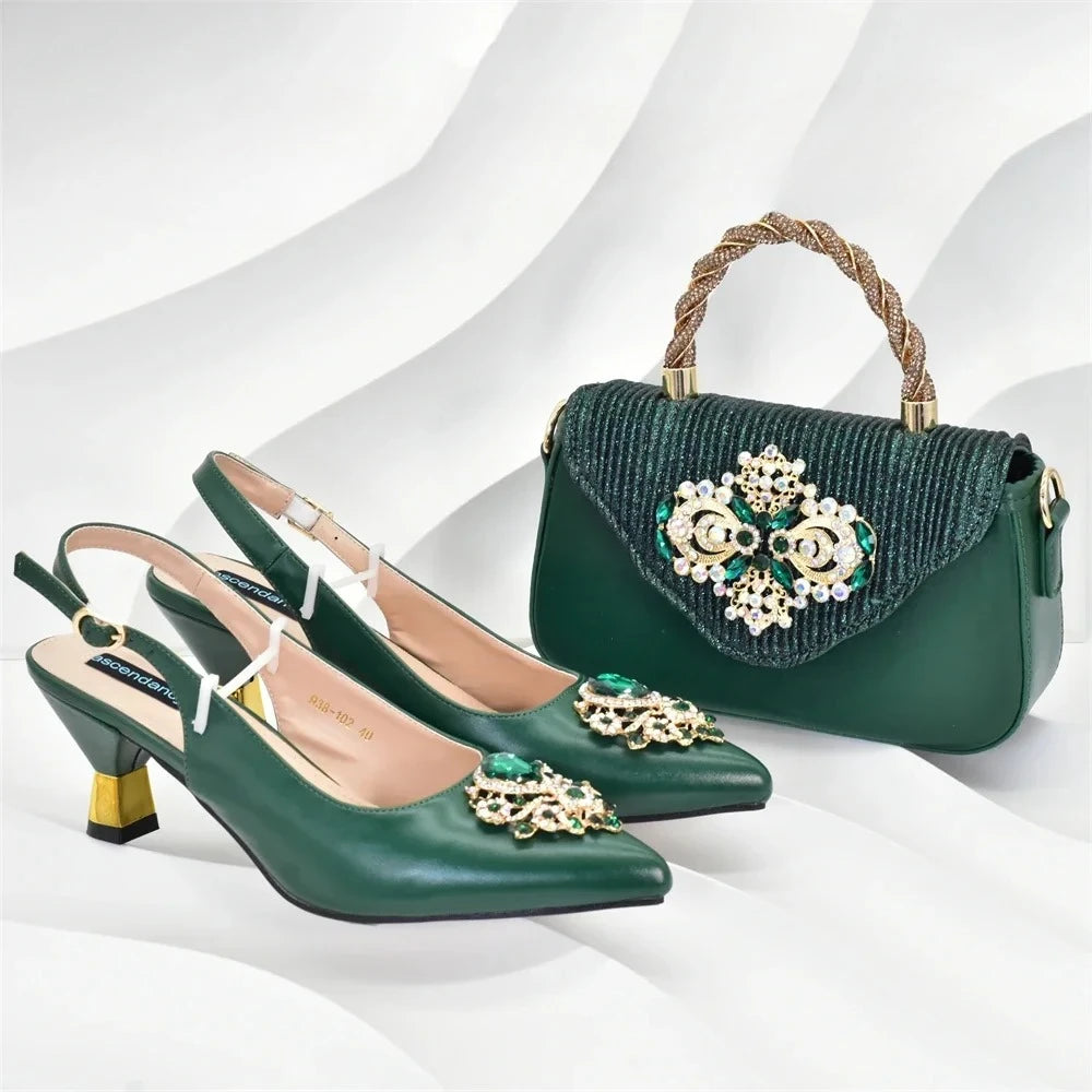 New Fashion Women Shoes and Bags To Match Set Nigeria Party Nigeria Italian Shoes and Matching Bags Decorated with Rhinestone