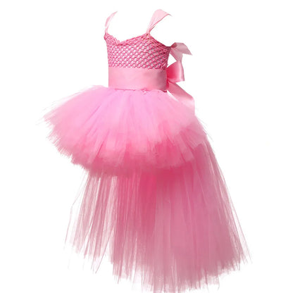 Vestido Tutu Rosa e Preto para Meninas, Vestido de Tule com Cauda e Decote V para Festa de Aniversário, Vestido de Baile para Meninas, Fantasias de Halloween Infantis