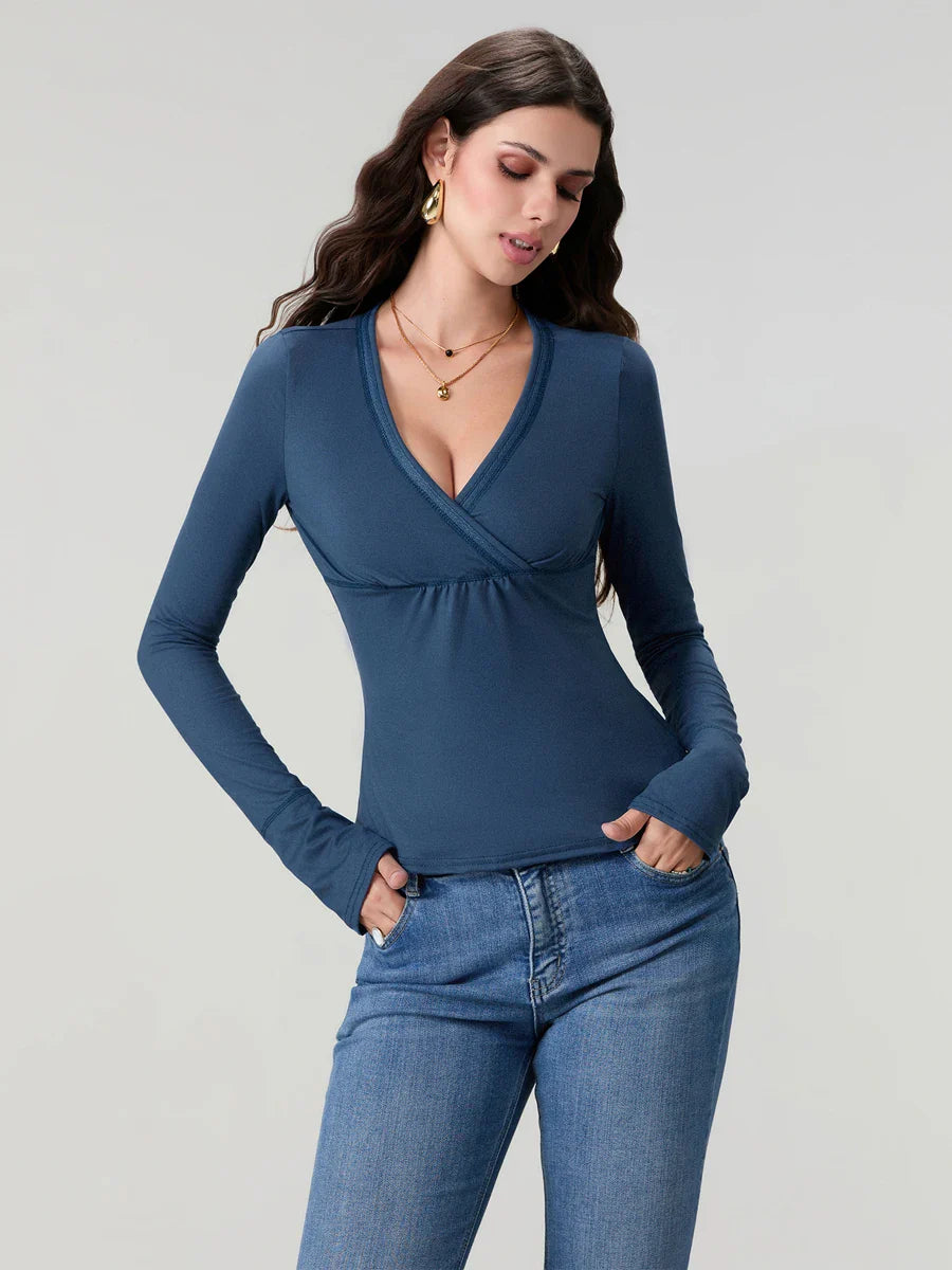 Women y2k Long Sleeve Bodycon T-Shirts Sexy V Neck Low-cut Solid Color Soft Slim Fit Tops Spring Fall Casual Going Out Tee Top