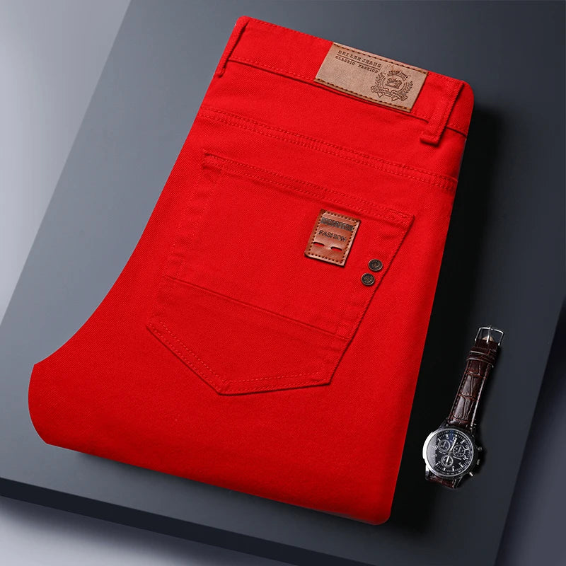 2025 Autumn Men's Elastic Colorful Jeans Breathable Casual  Straight Fitted Solid Color Denim Pants Korean Fashion Trousers