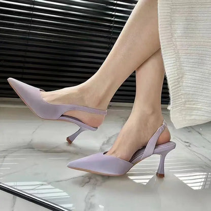 Summer 2026 Pointed Toe Single Shoes Women's Fashionable High Heels with Back Strap Slip-On Casual Style Leather Sandals