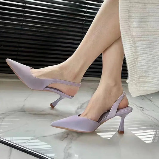 Summer 2026 Pointed Toe Single Shoes Women's Fashionable High Heels with Back Strap Slip-On Casual Style Leather Sandals