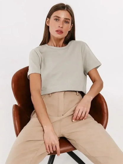 Summer 100% Cotton Women's T-shirt Bottoming Basic Fashionable Solid Lady Short Sleeve Loose Tops Shirts 230g/㎡ Tops