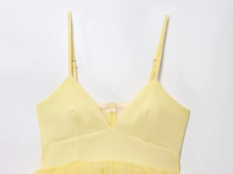 Yellow Puffy Mesh Tops for Women Strap Ruffle Crop Top Woman Sexy Backless Tulle Top Female Summer Camisole Mini Top Women