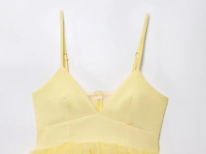 Yellow Puffy Mesh Tops for Women Strap Ruffle Crop Top Woman Sexy Backless Tulle Top Female Summer Camisole Mini Top Women