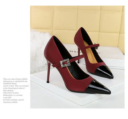 Banquet High Heels Thin Heels Light Mouth Color-Blocked Pointed Toe Rhinestones One-Strip Ultra High Heels Single Shoes Elegant