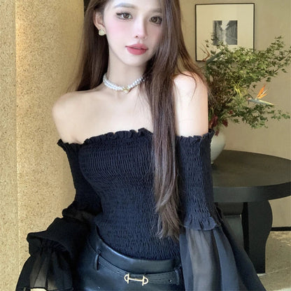 Solid Color Slim Fit Off Shoulder Sexy Women's Chiffon Shirt Sweet Flare Long Sleeved Chic Fashion New Lady Short Tops 8066