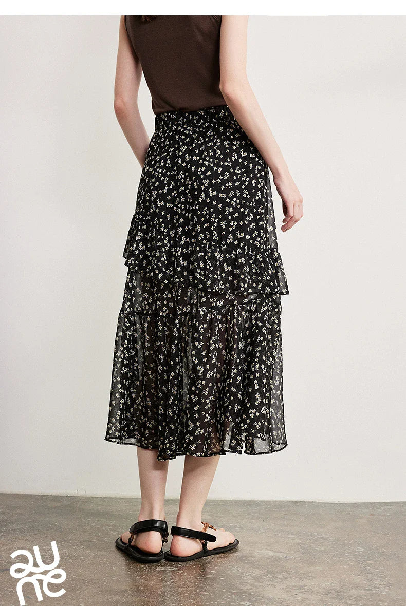 Women Chiffon Skirt 2026 Spring New Country Style Light and Flowing Floral Print Layered Ruffled Skirt