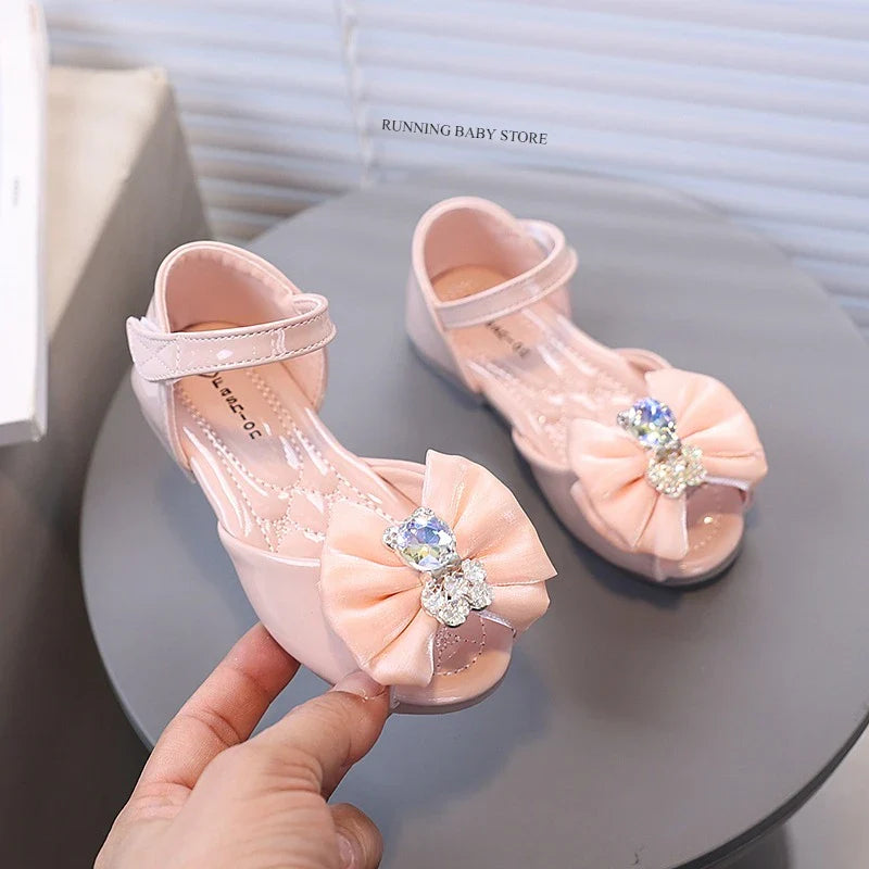 Girl's Fish Mouth Shoes with Rhinestone Bear Decos Prom Party Sandals for Kids Girl Nice Butterfly-knot Students Footwear I10281