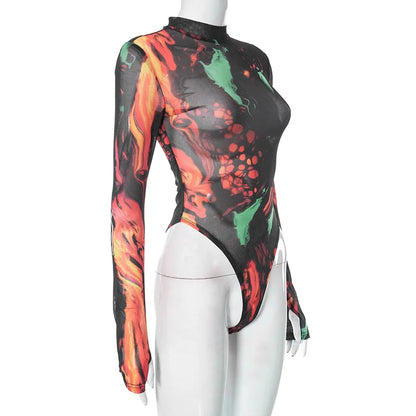 Tie Dye Sexy Bodysuit Lingerie Long Sleeve Corset Top Women One-Pieces Rave Outfit Bodycon Lenceria Femenina See Through Bustier