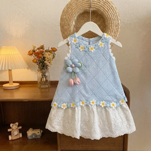 Vestido de menina verão novo estilo infantil elegante vestido de princesa de renda vestido de colete floral doce para menina pequena