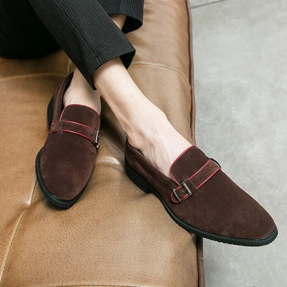 British style simple business dress shoes men's leather frosted flip fur loafers slip-on pointy peas casual shoes