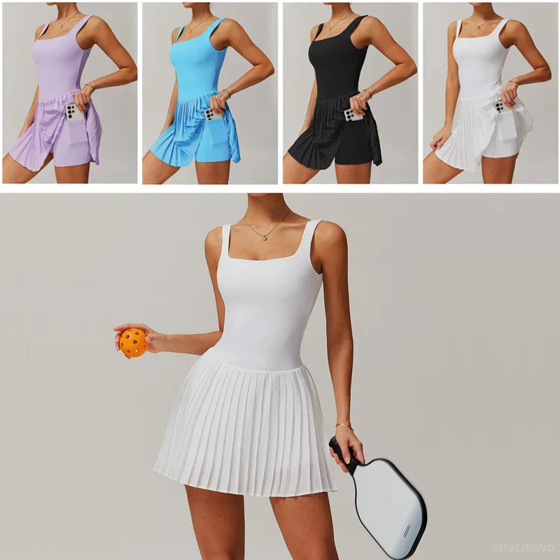 Workout Tennis Dress with Built in Shorts Square Neck Padded Workout Dress with Pockets Golf Athletic Mini Dresses