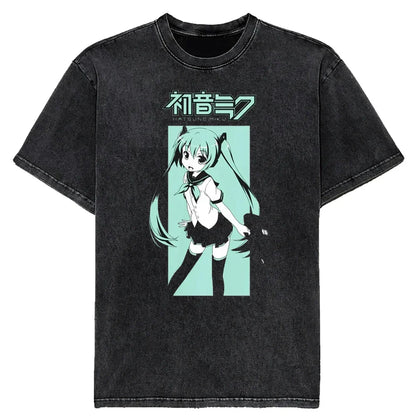 New 2025 Japanese Hatsune Miku Anime Printed Washed Cotton Retro Distressed Short-Sleeved Unisex T-Shirt Vintage Men Women