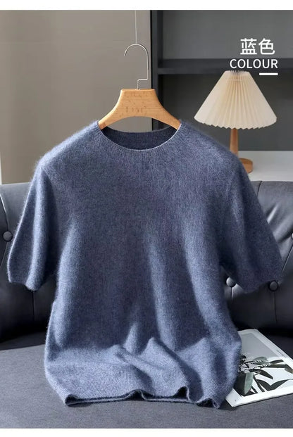 Men's Sweater Pullover Short Sleeved Summer Mink Knit Sweater Loose Round Neck Solid Color Half Sleeved Simple T-Shirt Casualtop