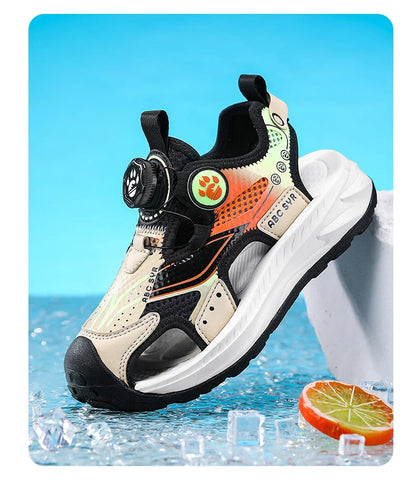 Kids Rotating Button Closed-Toe Sandals, Breathable Mesh Sport Shoes for Boys, Non-Slip Adjustable Summer Beach Sneakers