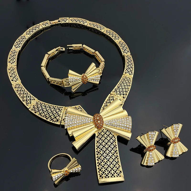 Conjunto de Joias Femininas Banhadas a Ouro 18k, Design Clássico, Colar, Brinco, Pulseira e Anel, Conjunto de 4 Peças, Joias para Festa de Casamento, Itália