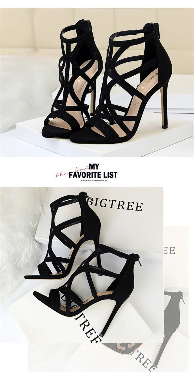 Women Roman Style Thin High Heels Pumps Pointed Toe Suede Hollow Strap Party Shoes Solid Ankle Zip Summer Sandals