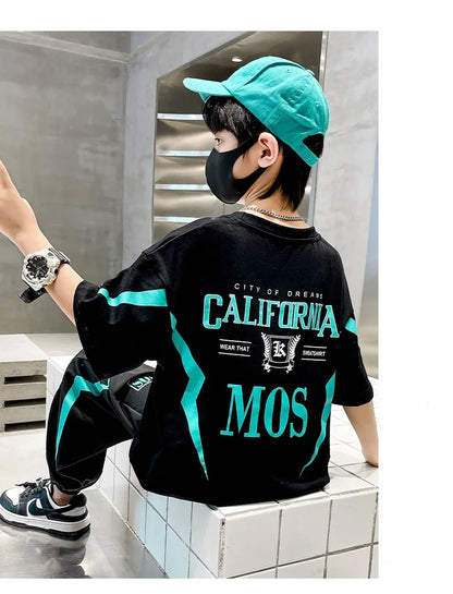 Summer Boys Cotton Alphabet Lightning T-Shirt Tops+Sweatpant School Kids 2PCS Tracksuit Child Jogger Outfit Workout Set 5-14 Yr