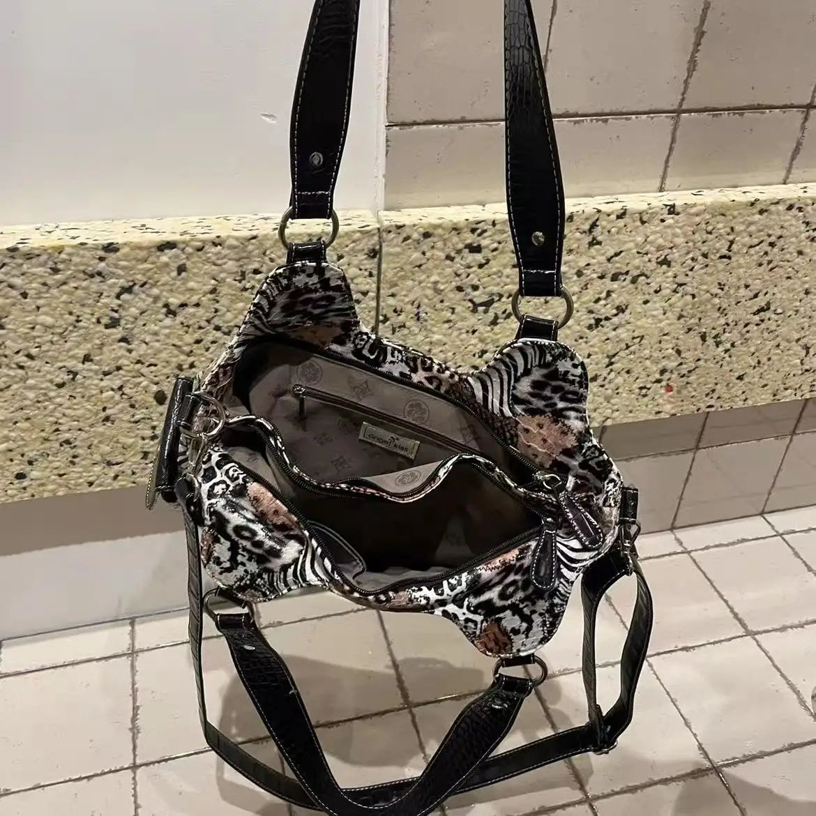 Women Handbag Stitching Leopard Top-handle Shoulder Bag PU Dumpling Pack Multi-pockets Shoulder Bags Phone Money Pack