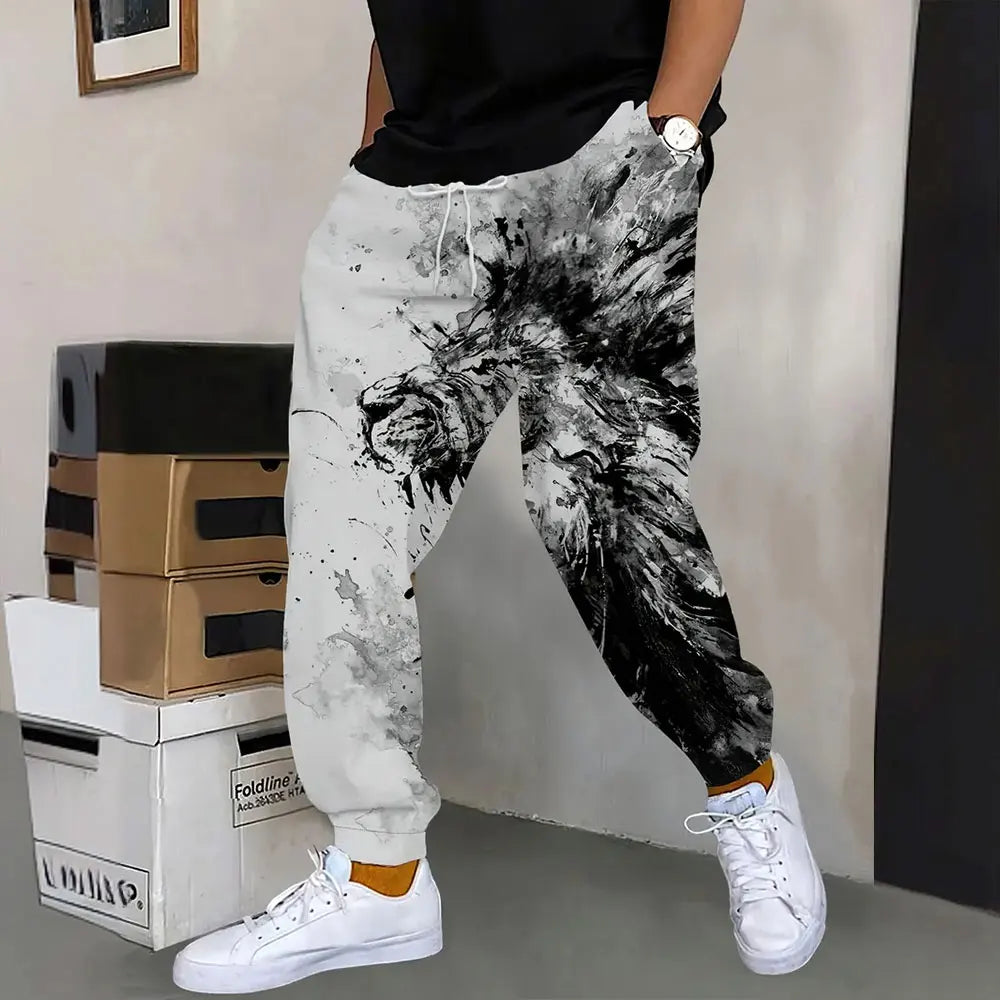 Men's Sweatpants Retro 3D Square Printed Sweatpants Men's Loose Pocket Drawstring Sweatpants Winter Thick Warm Sweatpants