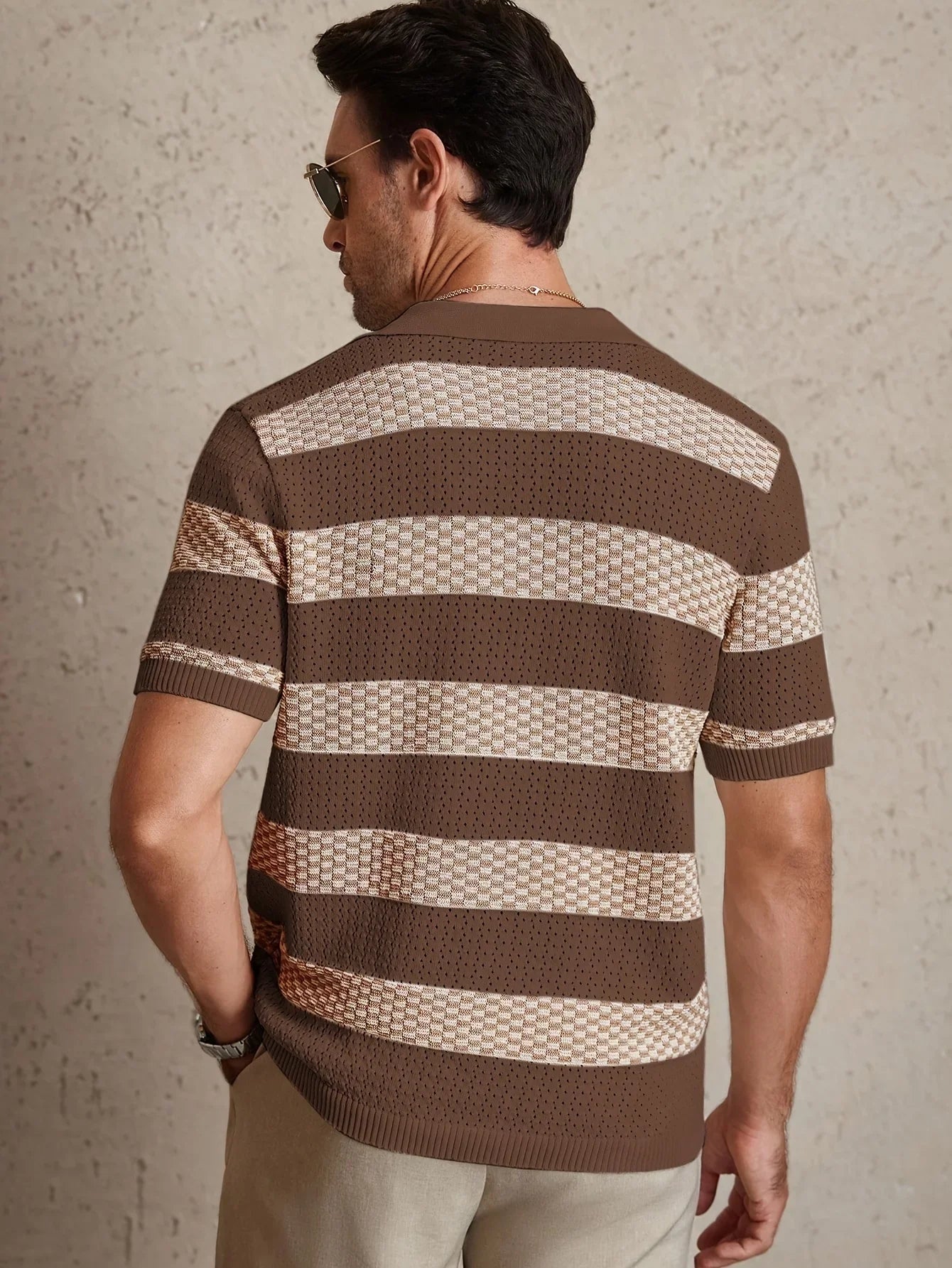 Daily Casual Mens Knitted Polo Shirts 2026 Summer Fashion Striped Contrast Color Knit Pullovers Men Stylish Turn-down Collar Top