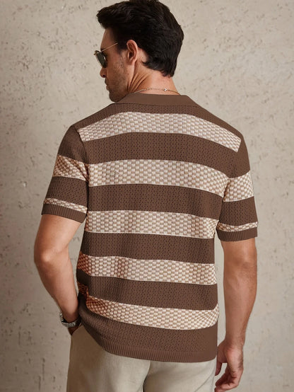 Daily Casual Mens Knitted Polo Shirts 2026 Summer Fashion Striped Contrast Color Knit Pullovers Men Stylish Turn-down Collar Top