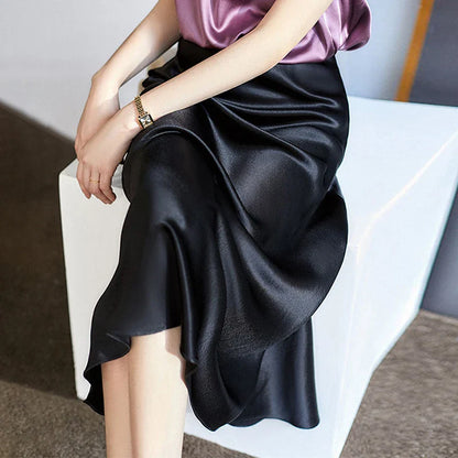 Women's Elegant Satin Midi Skirts High Waist Solid Color A-Line Skirt Summer Sophisticated Date Night Faldas de Mujer