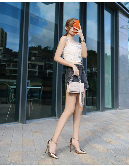 Professional Suit French High Heels One-Liner Strap Pointed Toe Thin Heel Shallow Mouth Hollow Super High Heels Versatile