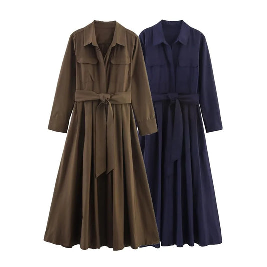 Women's Dress Fall 2025 New Solid Color Long Sleeve Shirt Style A-Pendulum Dress Belt Decoration Casual Fashion Personality